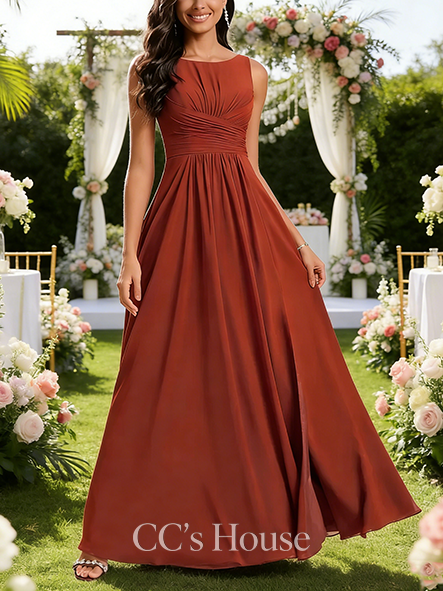 A-line Sweet Boat Neck Floor-Length Chiffon Bridesmaid Dress With Ruffle