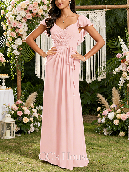 A-line Ethereal V-Neck Floor-Length Chiffon Bridesmaid Dress With Ruffle