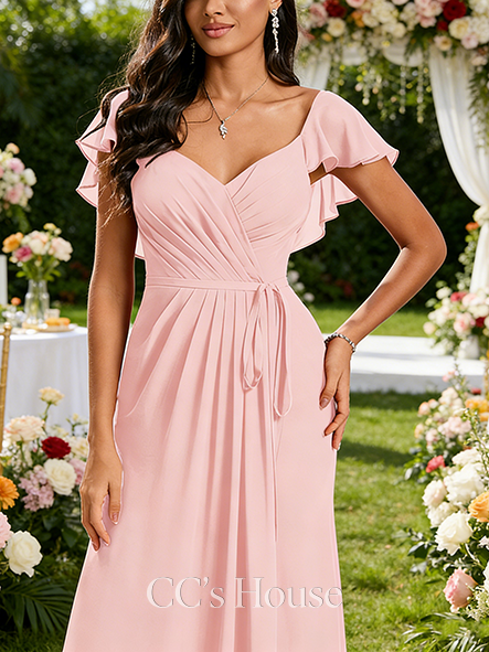 Maternity Friendly A-line Ethereal V-Neck Floor-Length Chiffon Bridesmaid Dress With Ruffle