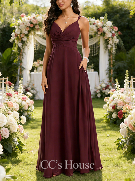 Under $100 A-line Clean V-Neck Floor-Length Chiffon Bridesmaid Dress