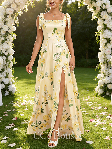 A-line Stylish Square Floor-Length Matte Satin Bridesmaid Dress With Bow