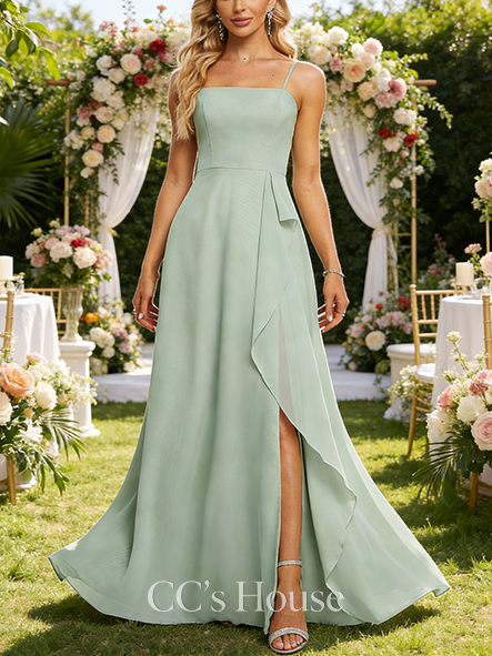 Maternity Friendly A-line Dainty Square Floor-Length Chiffon Bridesmaid Dress With Ruffle