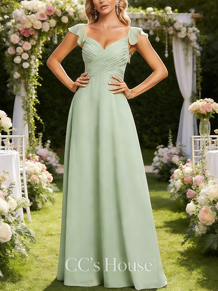 A-line Lovely V-Neck Floor-Length Chiffon Bridesmaid Dress With Ruffle