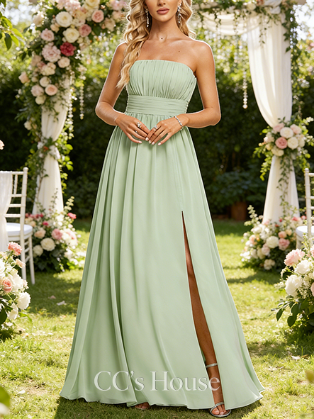 A-line Chic Off the Shoulder Straight Floor-Length Chiffon Bridesmaid Dress With Ruffle