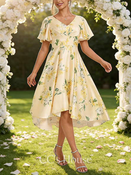 A-line Trendy V-Neck Asymmetrical Matte Satin Bridesmaid Dress With Ruffle