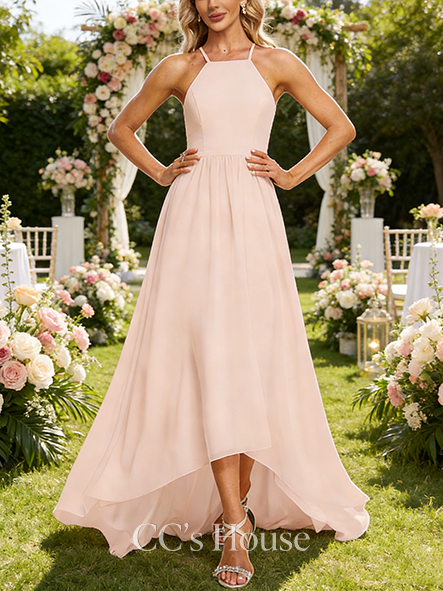 Maternity Friendly A-line Unique Halter Asymmetrical Chiffon Bridesmaid Dress With Ruffle