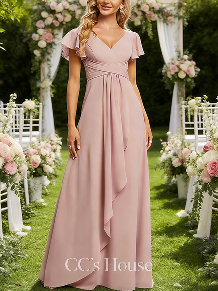 Maternity Friendly A-line Romantic V-Neck Floor-Length Chiffon Bridesmaid Dress With Ruffle