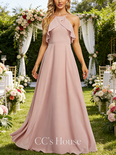 A-line Airy Halter Floor-Length Chiffon Bridesmaid Dress With Ruffle A-line Airy Halter Floor-Length Chiffon Bridesmaid Dress With Ruffle