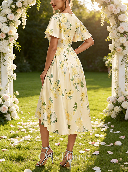 A-line Trendy V-Neck Asymmetrical Matte Satin Bridesmaid Dress With Ruffle