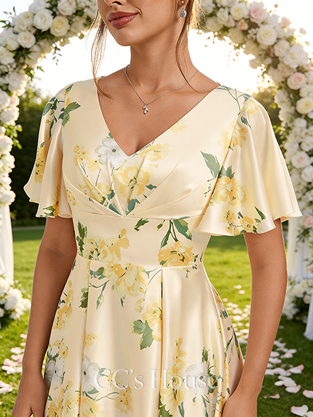 A-line Trendy V-Neck Asymmetrical Matte Satin Bridesmaid Dress With Ruffle