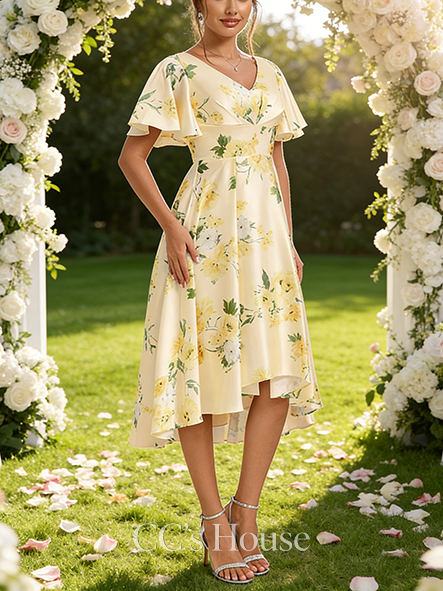 A-line Trendy V-Neck Asymmetrical Matte Satin Bridesmaid Dress With Ruffle