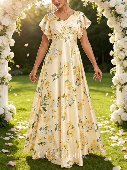 A-line Glam V-Neck Floor-Length Matte Satin Bridesmaid Dress With Ruffle