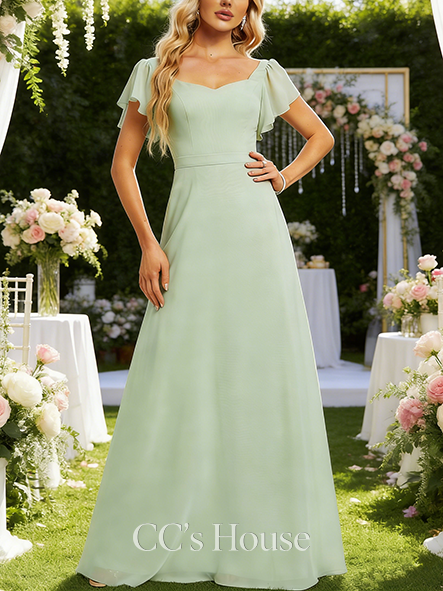 A-line Ethereal V-Neck Floor-Length Chiffon Bridesmaid Dress With Ruffle