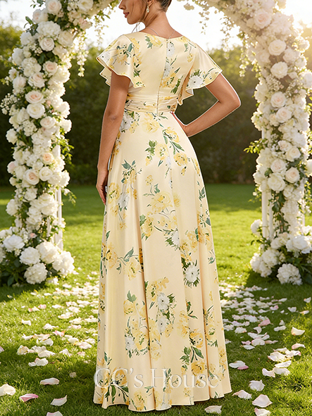 A-line Glam V-Neck Floor-Length Matte Satin Bridesmaid Dress With Ruffle