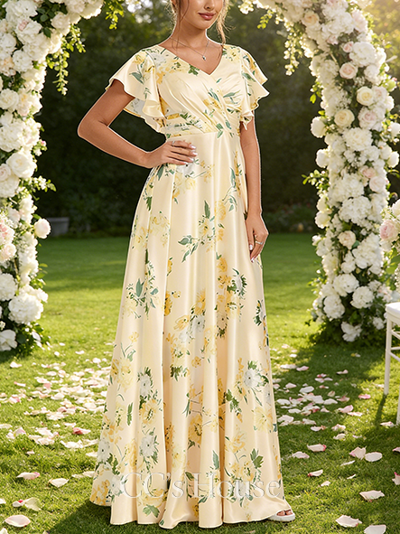 A-line Glam V-Neck Floor-Length Matte Satin Bridesmaid Dress With Ruffle