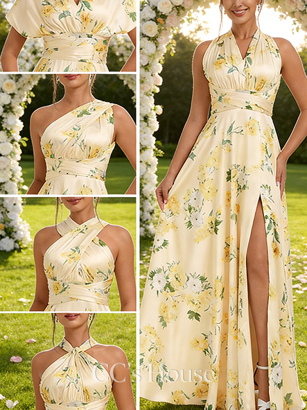 A-line Fancy One Shoulder V-Neck Halter Floor-Length Matte Satin Bridesmaid Dress