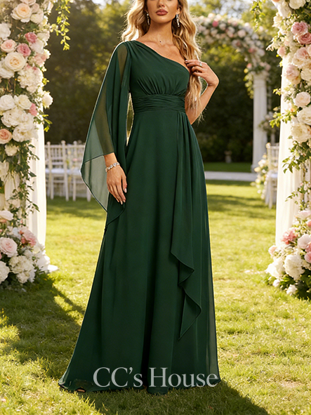 A-line Striking One Shoulder Floor-Length Chiffon Bridesmaid Dress With Ruffle Black and White