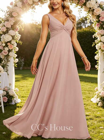 A-line Pure V-Neck Floor-Length Chiffon Bridesmaid Dress