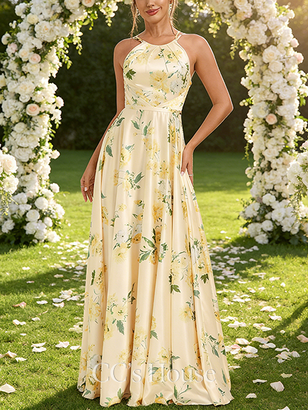 A-line Satin-Finish Halter Floor-Length Matte Satin Bridesmaid Dress