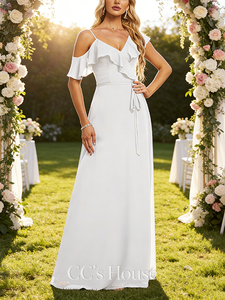 Maternity Friendly A-line Dramatic Asymmetrical Floor-Length Chiffon Bridesmaid Dress With Ruffle