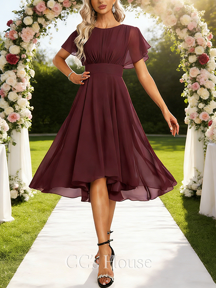 Short A-line Modern Scoop Asymmetrical Chiffon Bridesmaid Dress With Ruffle