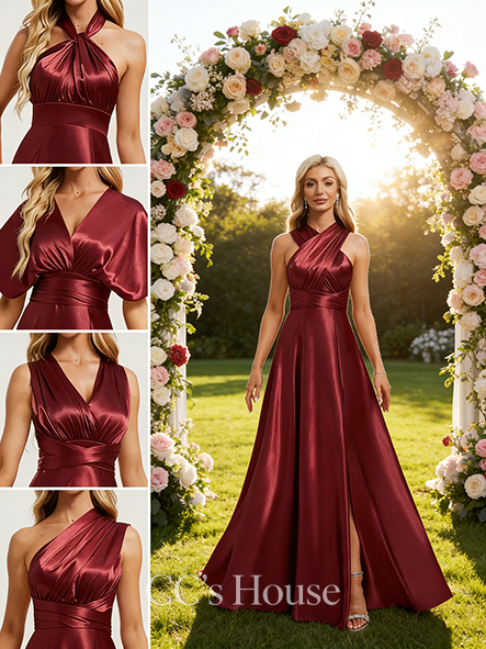 A-line Fancy One Shoulder V-Neck Halter Floor-Length Stretch Satin Bridesmaid Dress