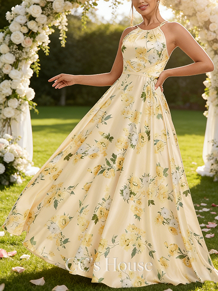 A-line Satin-Finish Halter Floor-Length Matte Satin Bridesmaid Dress