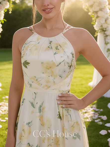 A-line Satin-Finish Halter Floor-Length Matte Satin Bridesmaid Dress