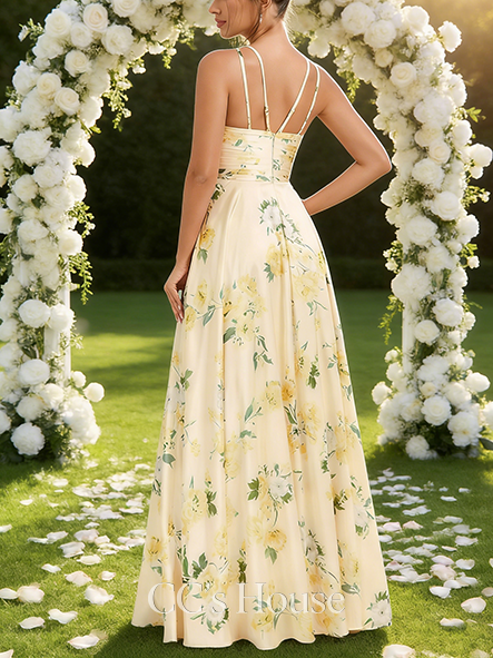 A-line Satin-Finish Halter Floor-Length Matte Satin Bridesmaid Dress