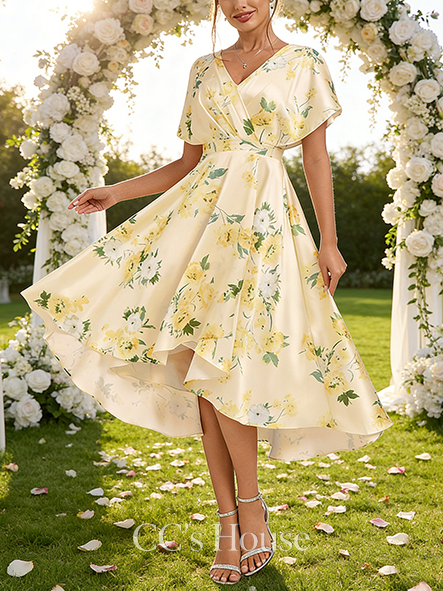 Maternity Friendly A-line Chic V-Neck Asymmetrical Matte Satin Bridesmaid Dress With Ruffle