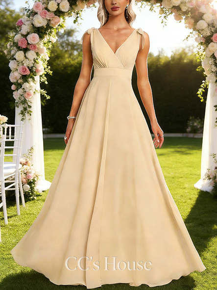 Under $100 A-line Sweet V-Neck Floor-Length Chiffon Bridesmaid Dress With Bow