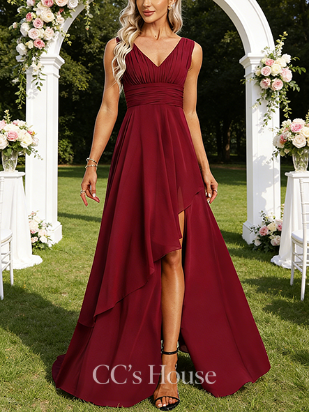 A-line Romantic V-Neck Floor-Length Chiffon Bridesmaid Dress With Ruffle