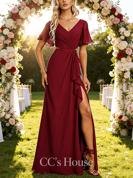 Junior A-line Ethereal V-Neck Floor-Length Chiffon Bridesmaid Dress With Ruffle