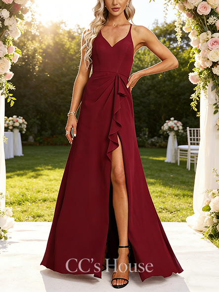 Maternity Friendly A-line Pure V-Neck Floor-Length Chiffon Bridesmaid Dress