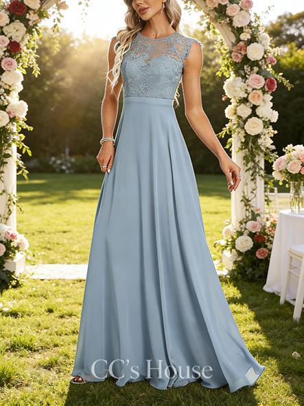 New Arrival A-line Delicate Scoop Floor-Length Lace Chiffon Bridesmaid Dress