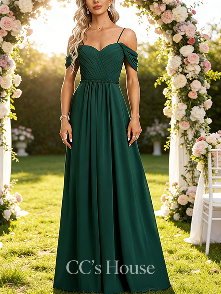 A-line Sparkling Cold Shoulder Floor-Length Chiffon Bridesmaid Dress With Sequins Beading