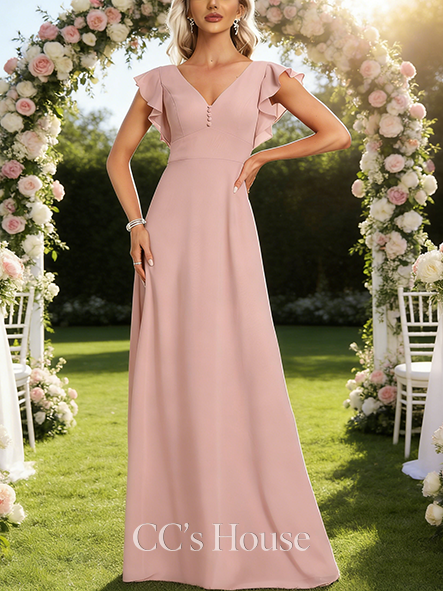 Under $100 A-line Ethereal V-Neck Floor-Length Chiffon Bridesmaid Dress With Ruffle