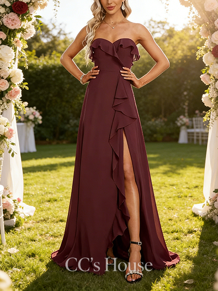 Under $100 A-line Sweet Sweetheart Floor-Length Chiffon Bridesmaid Dress With Ruffle
