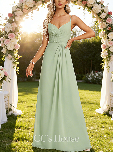 A-line Romantic V-Neck Floor-Length Chiffon Bridesmaid Dress With Ruffle