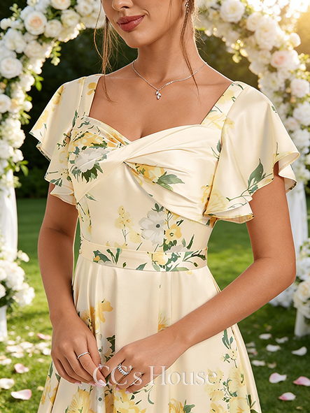 A-line Opulent V-Neck Floor-Length Matte Satin Bridesmaid Dress With Ruffle