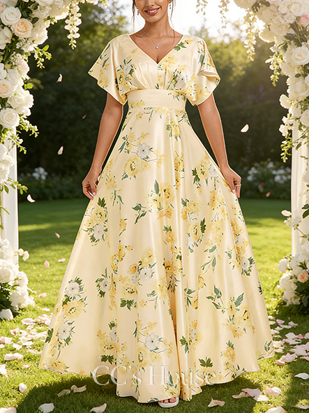 Under $100 A-line Plush V-Neck Floor-Length Matte Satin Bridesmaid Dress