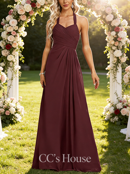 Under $100 A-line Breezy Halter Floor-Length Chiffon Bridesmaid Dress