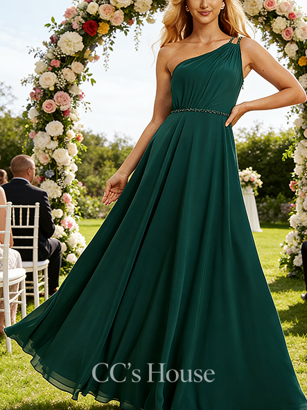 A-line Dazzling One Shoulder Floor-Length Chiffon Bridesmaid Dress With Beading Sequins