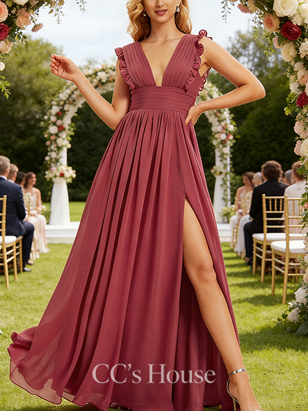 Maternity Friendly A-line Romantic V-Neck Floor-Length Chiffon Bridesmaid Dress With Ruffle