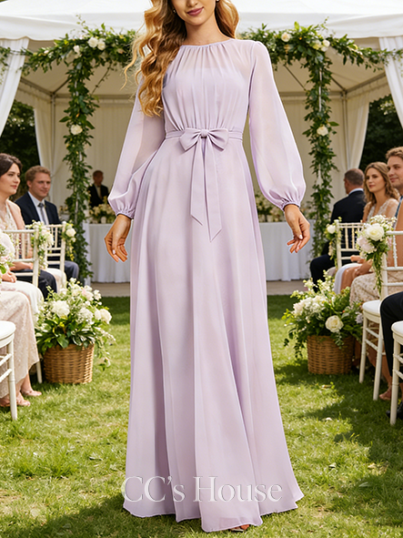 A-line Sweet Scoop Floor-Length Chiffon Bridesmaid Dress With Bow