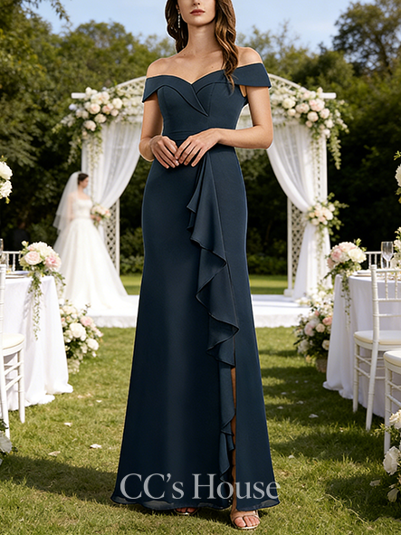 A-line Chic Off the Shoulder Floor-Length Chiffon Bridesmaid Dress With Ruffle Ruched