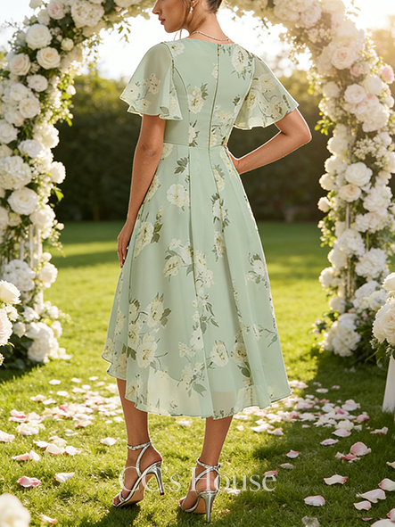 A-line Fashionable V-Neck Asymmetrical Chiffon Bridesmaid Dress With Ruffle