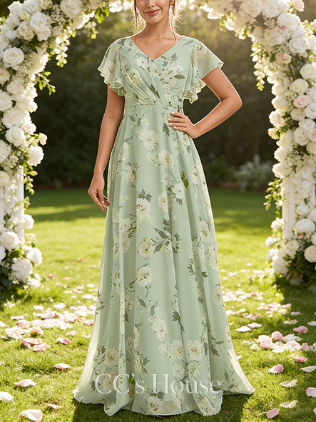 Maternity Friendly A-line Romantic V-Neck Floor-Length Chiffon Bridesmaid Dress With Ruffle