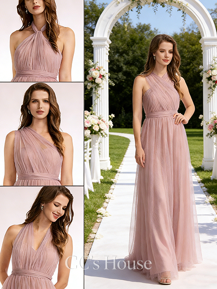 Under $100 A-line Unique Off the Shoulder One Shoulder V-Neck Floor-Length Tulle Bridesmaid Dress
