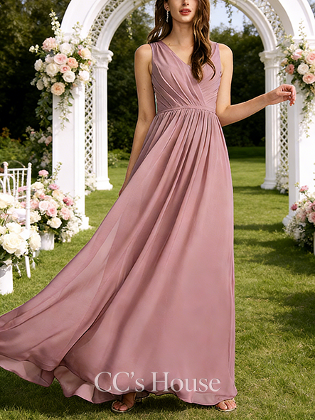 New Arrival A-line Sophisticated V-Neck Floor-Length Lace Chiffon Bridesmaid Dress